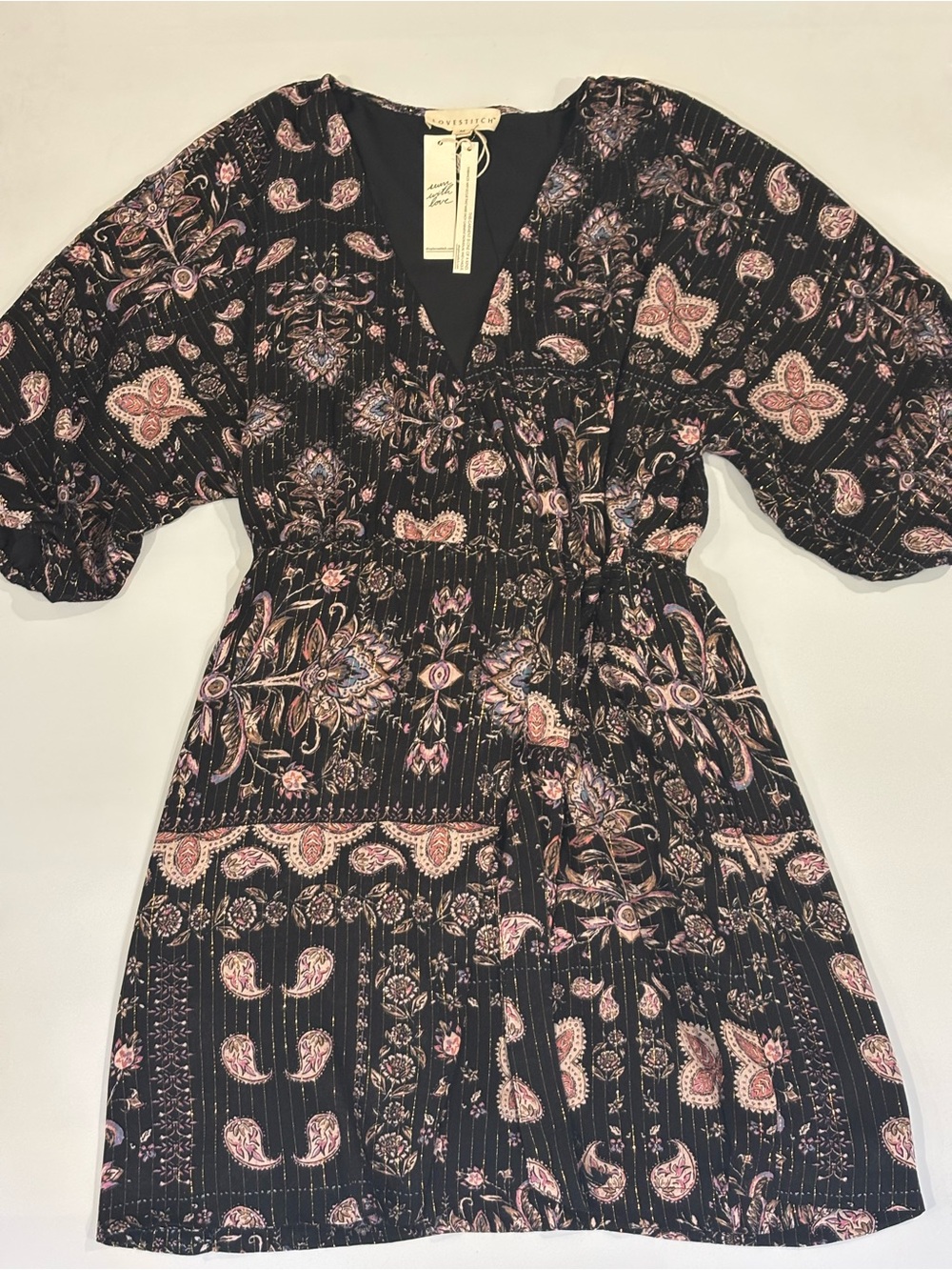 lovestitch Black Mini Dress with Pink Paisley Floral Print